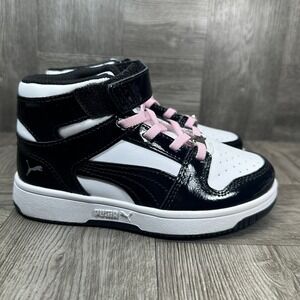 Puma Rebound Layup Kids 1.5C Black Patent White Pink High Top Sneakers NEW